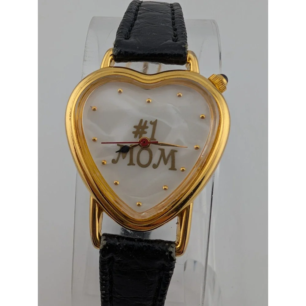 Vintage #1 Mom Heart Watch 28mm Gold Case MOP Dial Leather Band-‎ New Battery